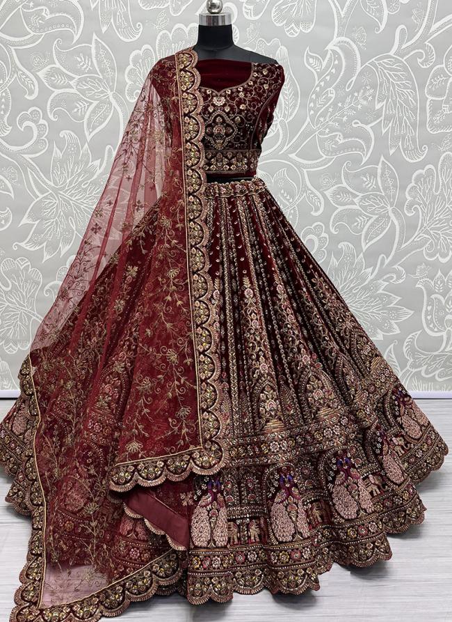 Velvet Maroon Bridal Wear Embroidery Work Lehenga Choli